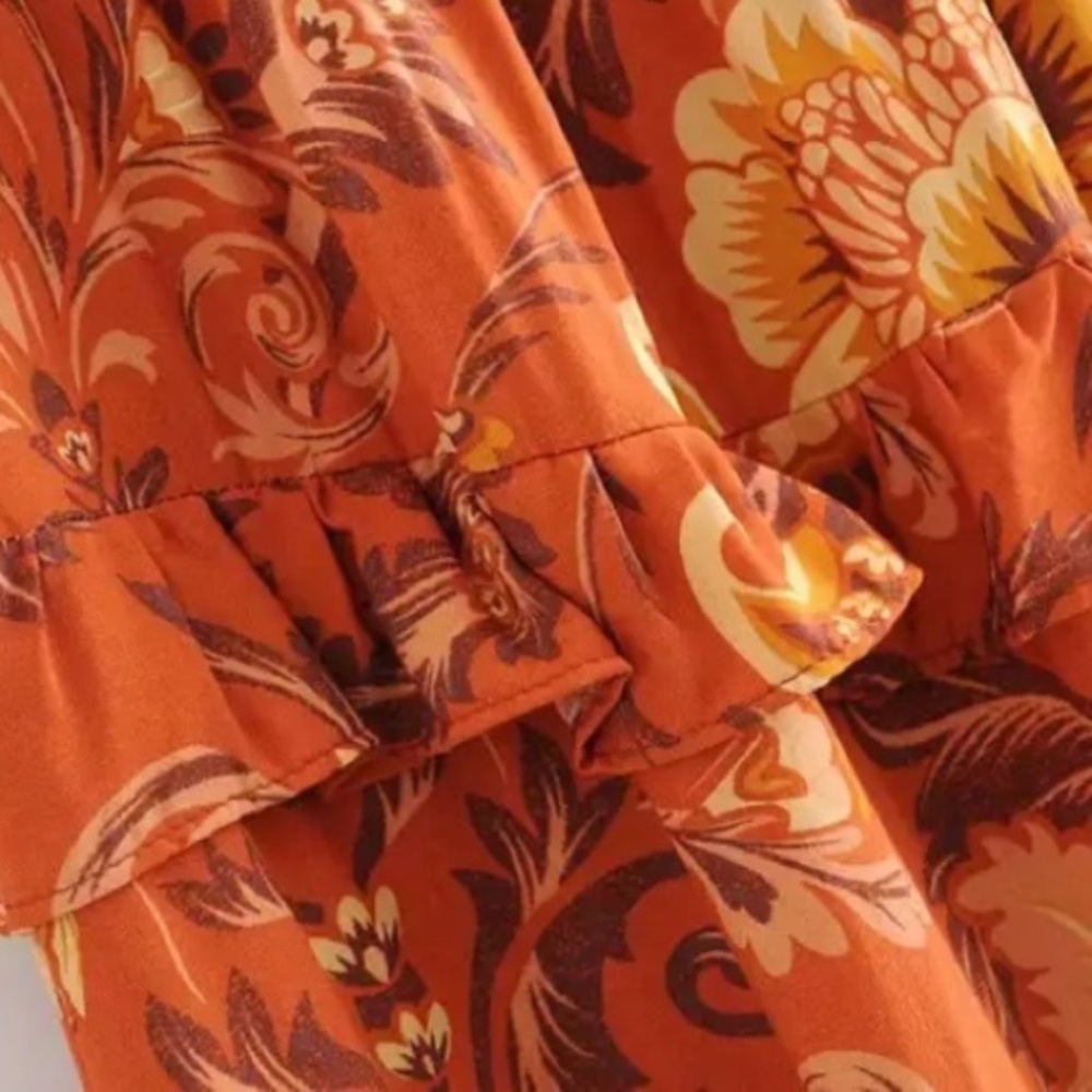 Rust Floral Bohemian Gypsy Ruffle Tier Maxi Skirt - Picture 7 of 8